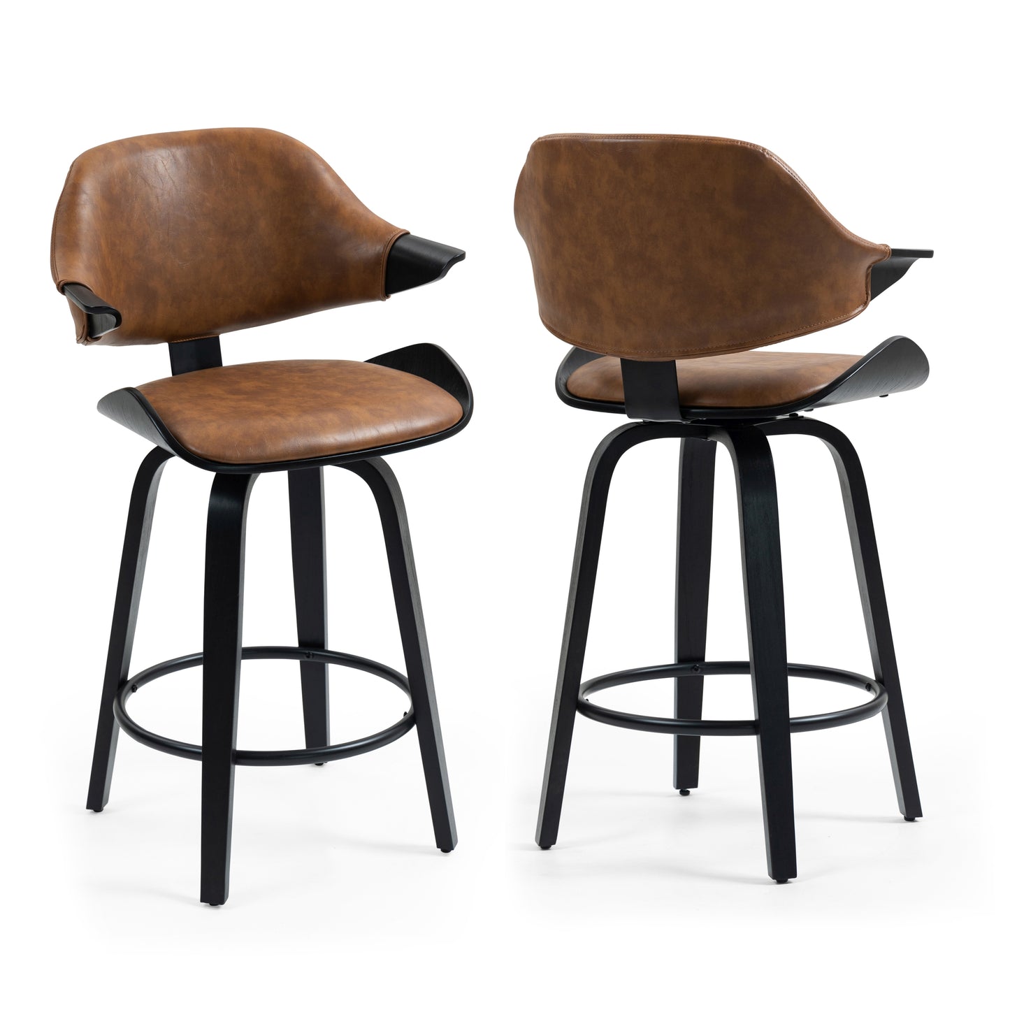 Set of 2 Bevelyn Vintage Brown Faux Leather Swivel Counter Stool with Black Wood Legs