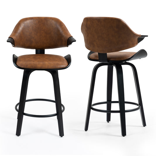 Set of 2 Bevelyn Vintage Brown Faux Leather Counter Stool with Black Wood Legs