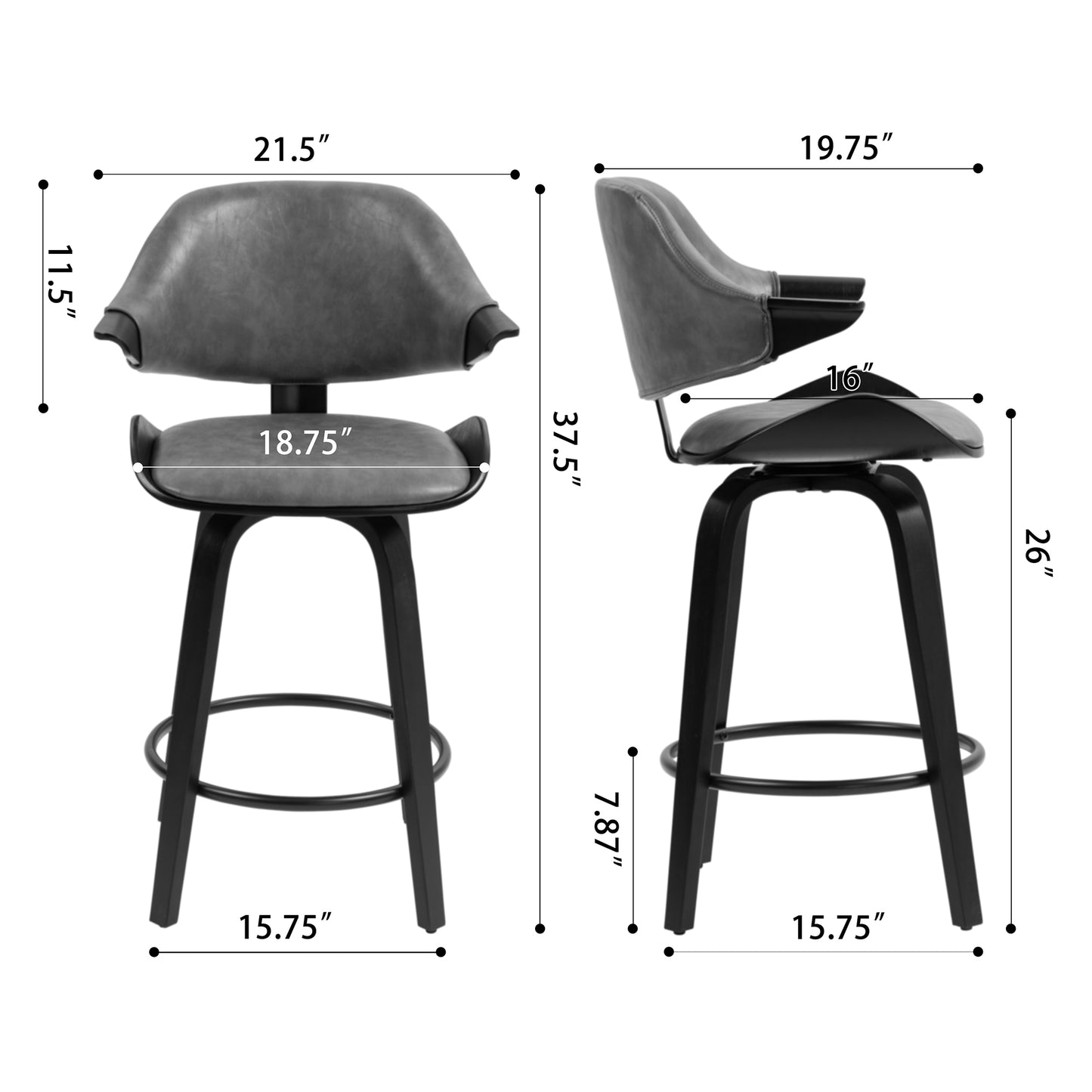 Set of 2 Bevelyn Vintage Brown Faux Leather Swivel Counter Stool with Black Wood Legs