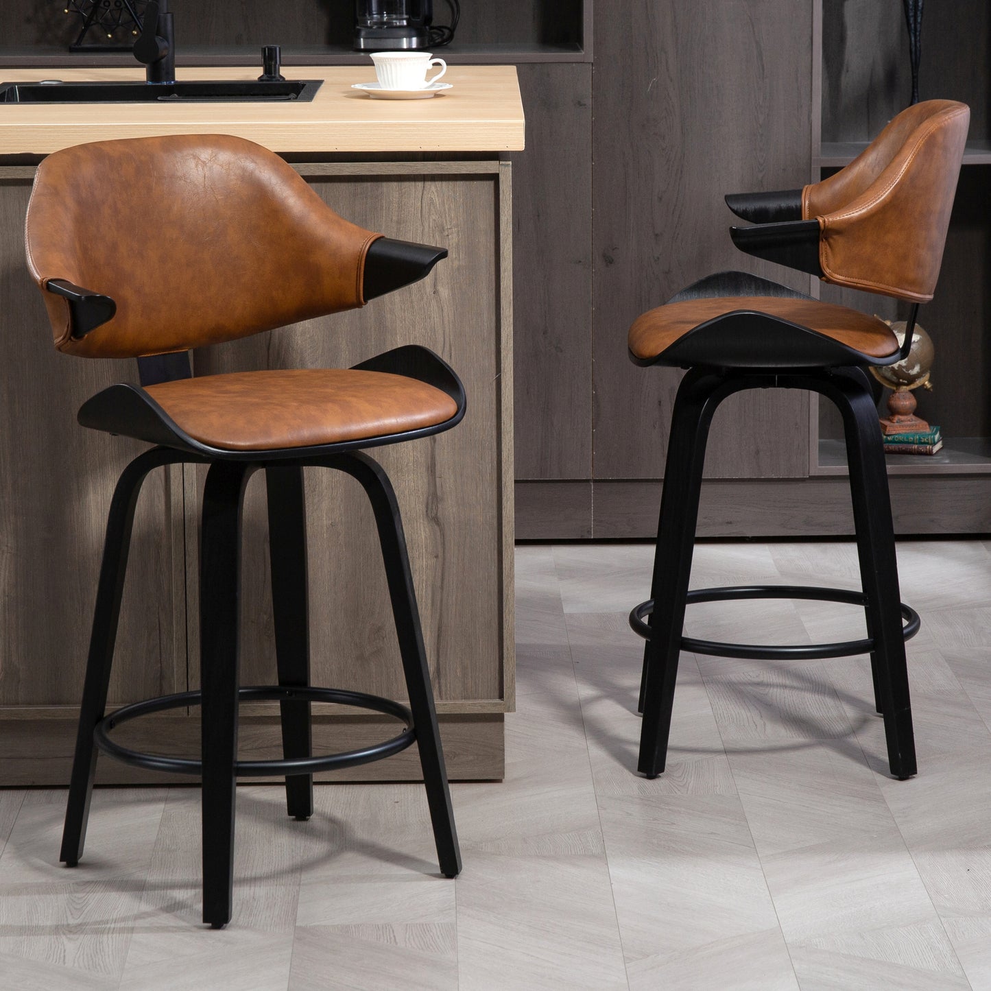 Set of 2 Bevelyn Vintage Brown Faux Leather Swivel Counter Stool with Black Wood Legs