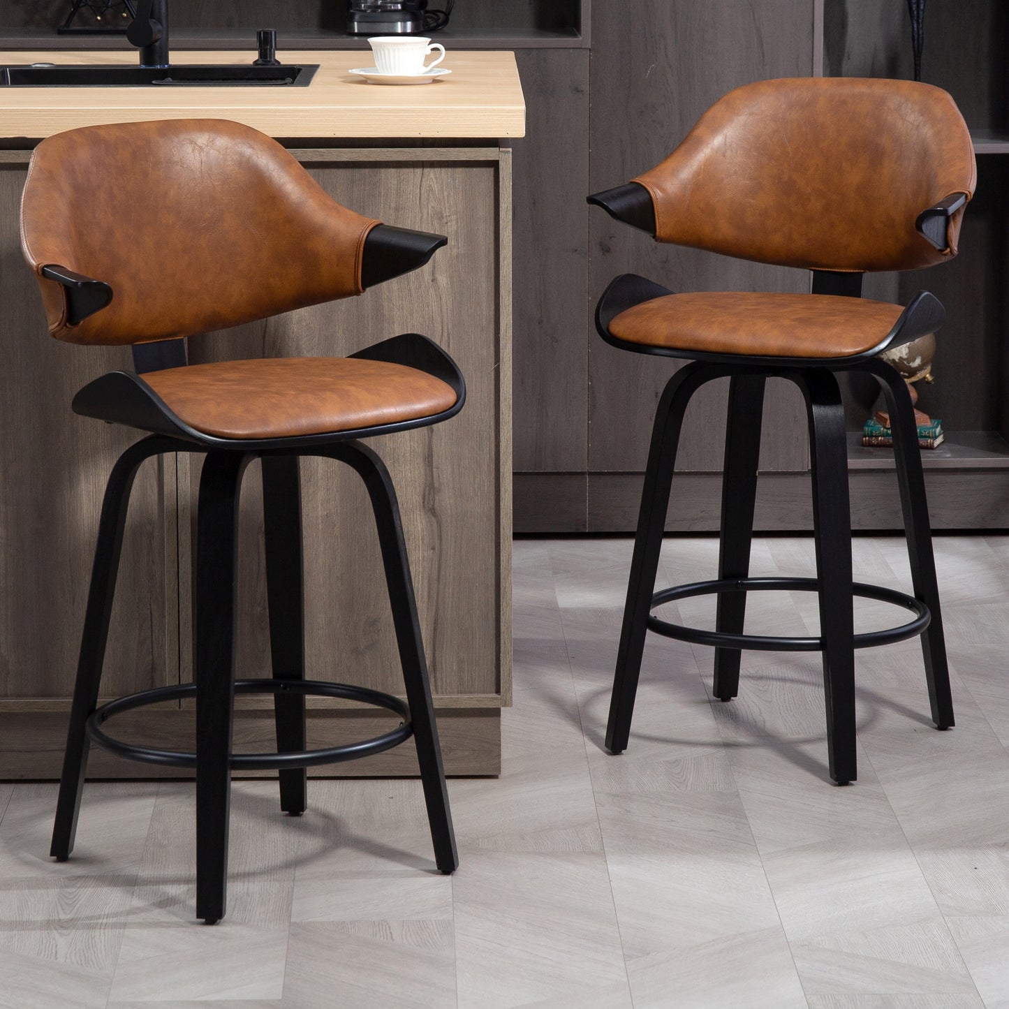 Set of 2 Bevelyn Vintage Brown Faux Leather Swivel Counter Stool with Black Wood Legs