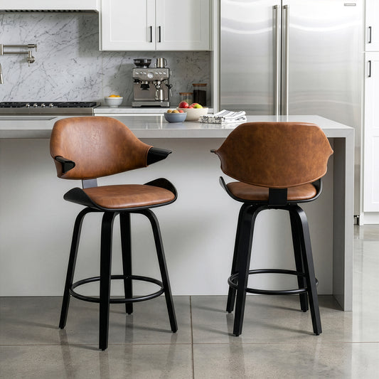 Set of 2 Bevelyn Vintage Brown Faux Leather Swivel Counter Stool with Black Wood Legs