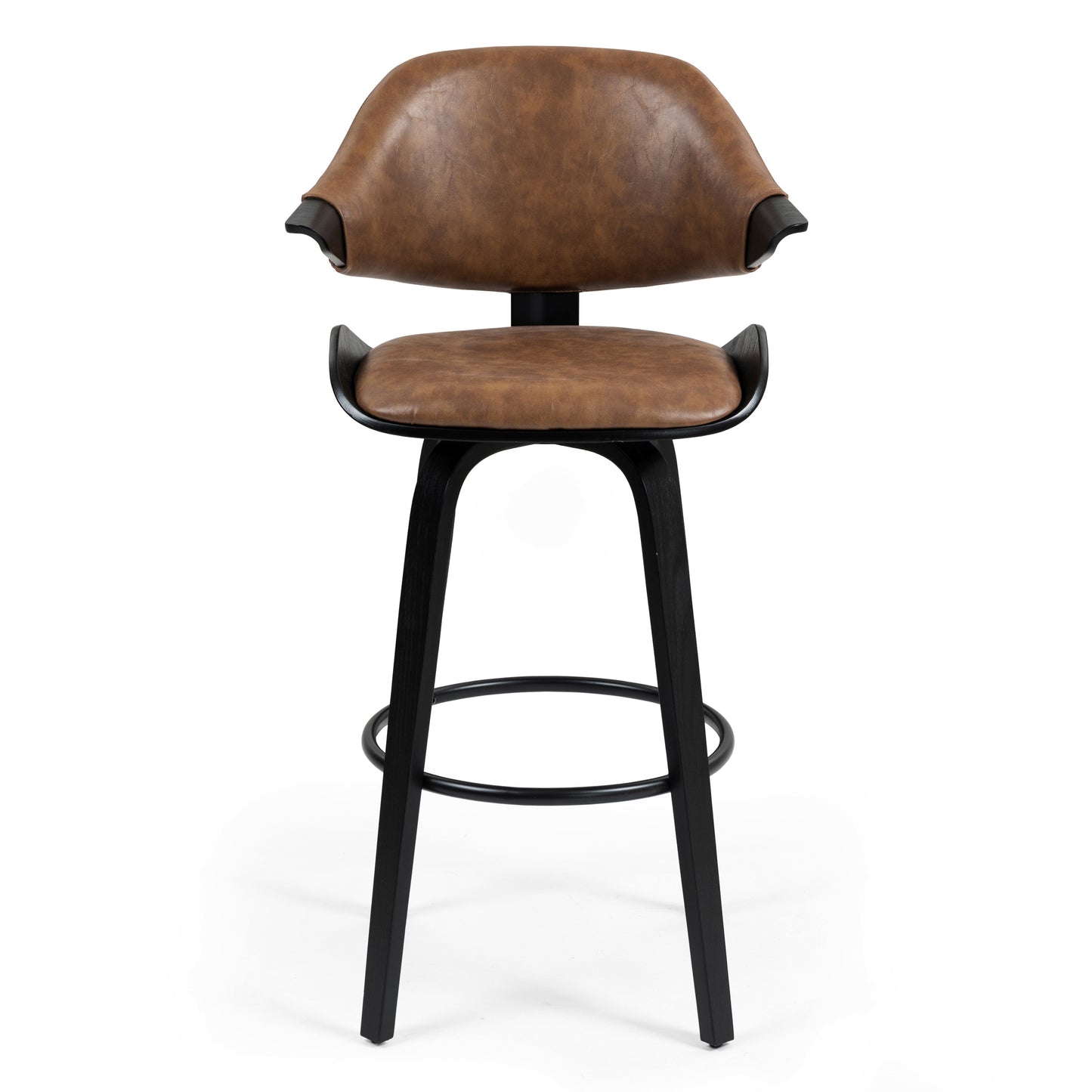 Set of 2 Bevelyn Vintage Brown Faux Leather Swivel Bar Stool with Black Wood Legs