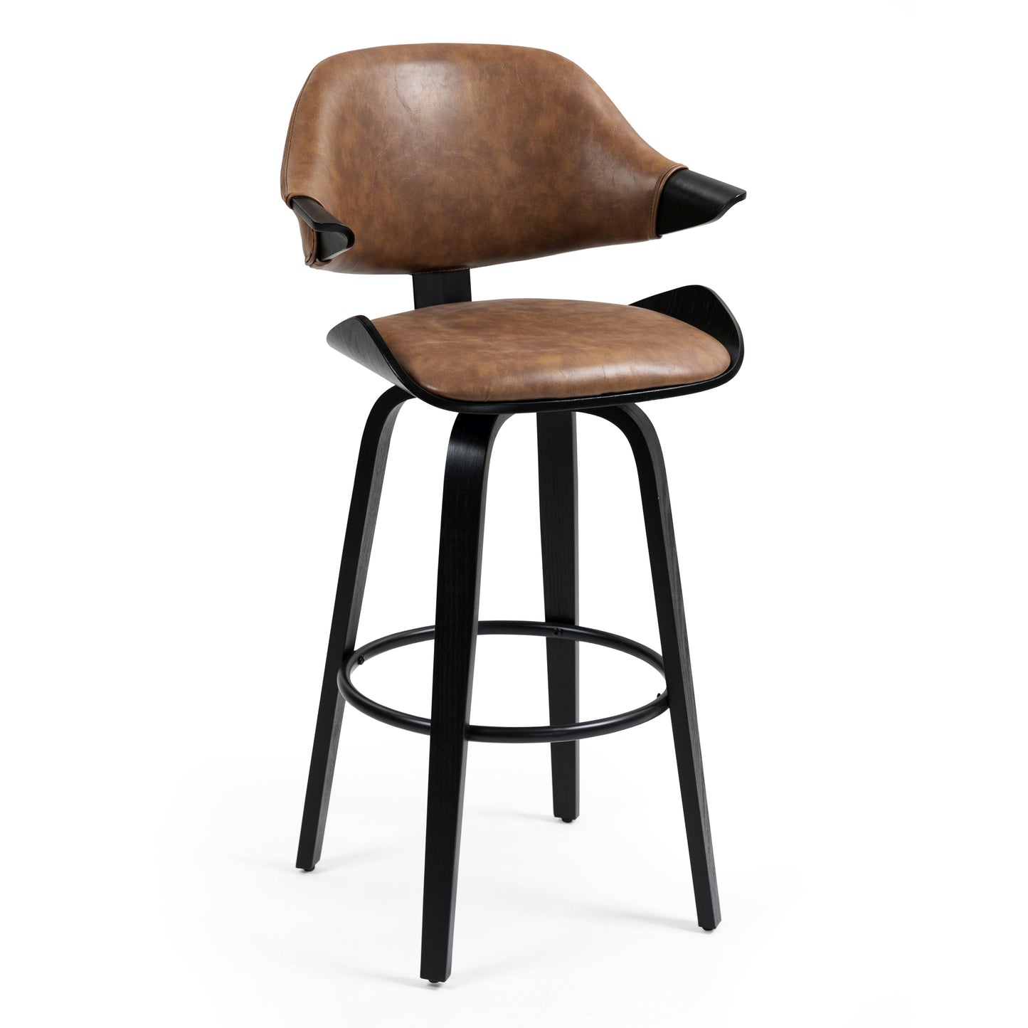 Set of 2 Bevelyn Vintage Brown Faux Leather Swivel Bar Stool with Black Wood Legs