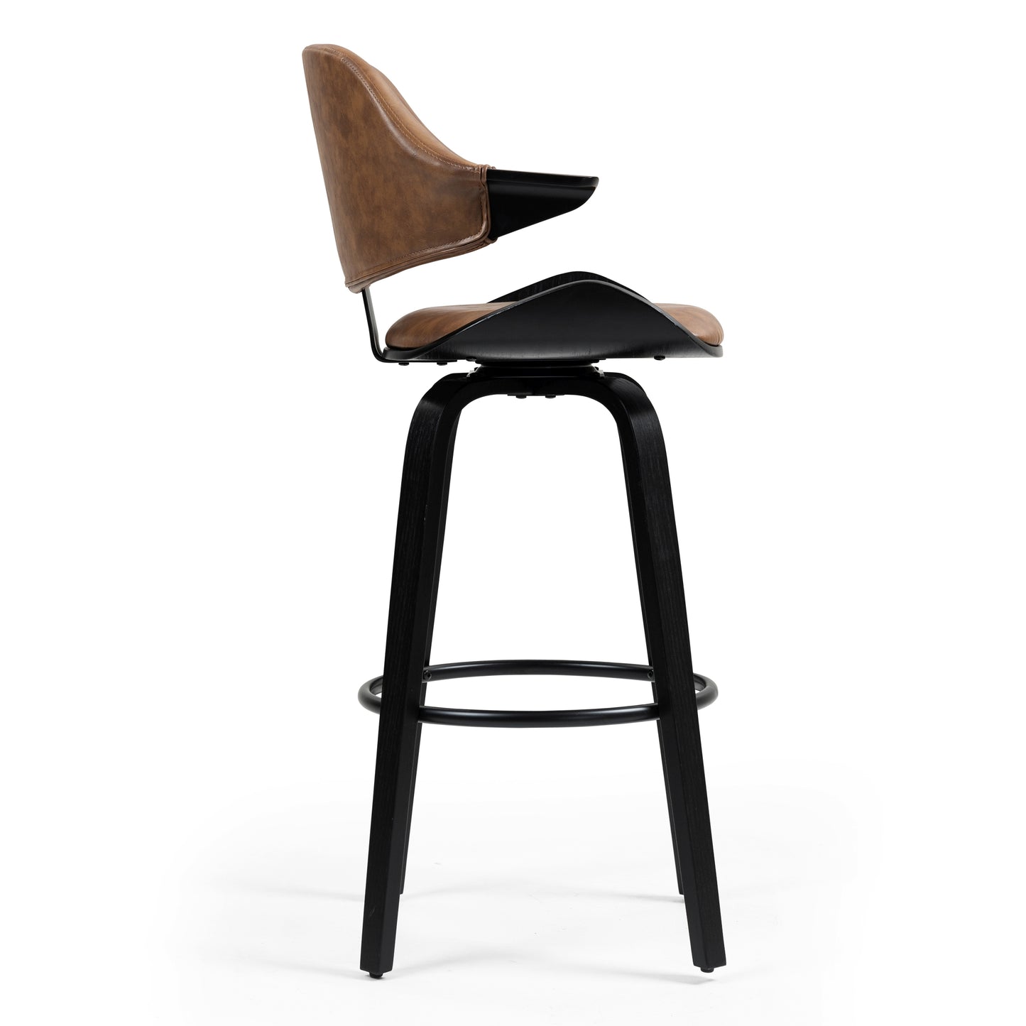 Set of 2 Bevelyn Vintage Brown Faux Leather Swivel Bar Stool with Black Wood Legs