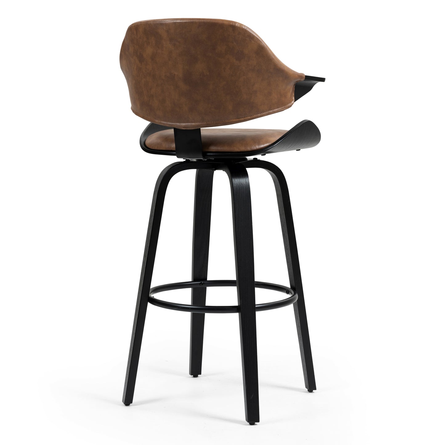 Set of 2 Bevelyn Vintage Brown Faux Leather Swivel Bar Stool with Black Wood Legs