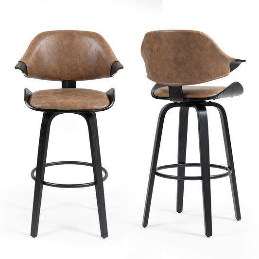 Set of 2 Bevelyn Vintage Brown Faux Leather Bar Stool with Black Wood Legs