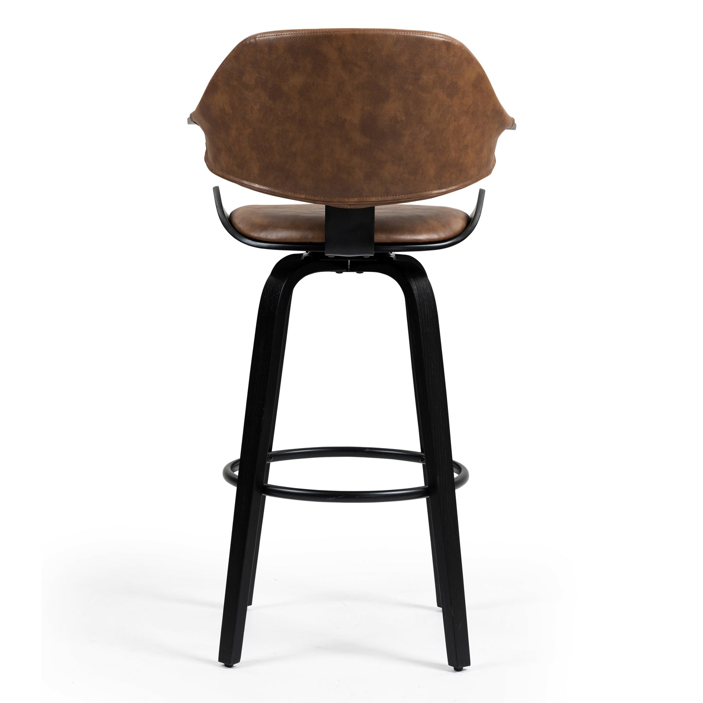 Set of 2 Bevelyn Vintage Brown Faux Leather Swivel Bar Stool with Black Wood Legs