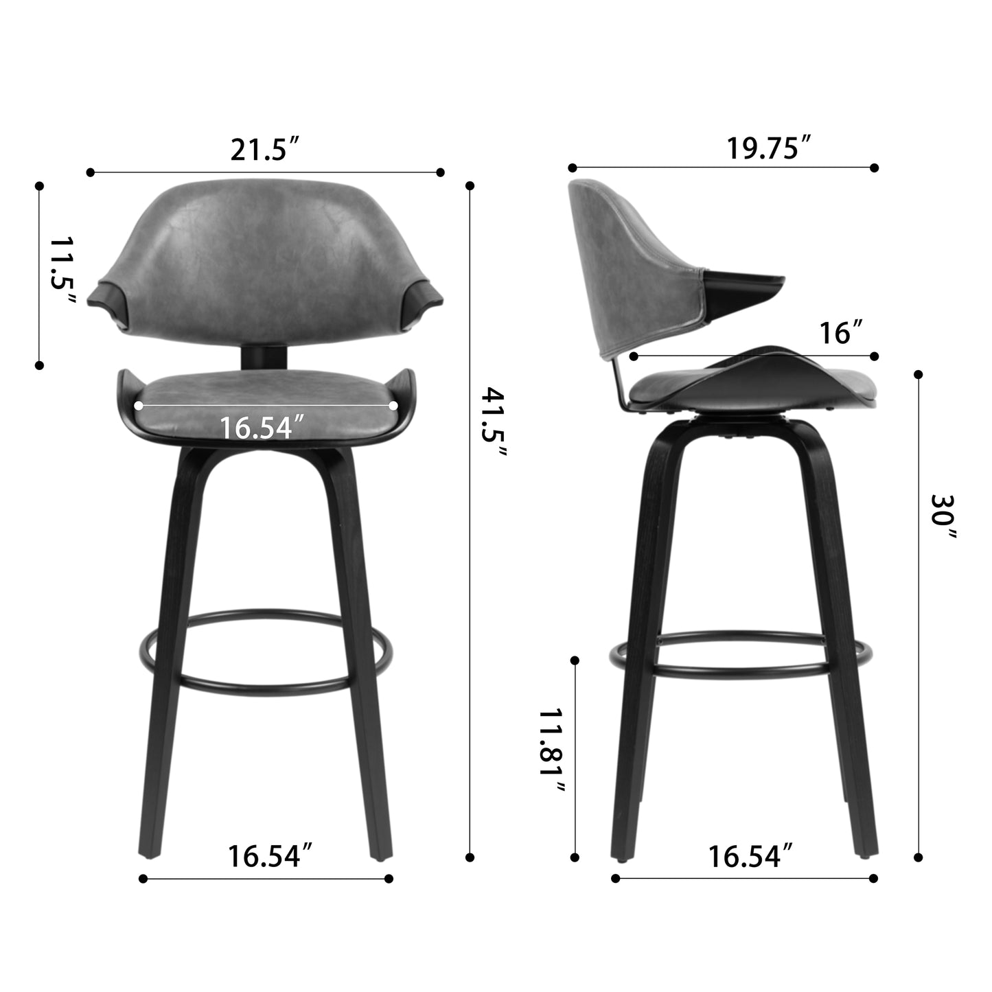 Set of 2 Bevelyn Vintage Brown Faux Leather Swivel Bar Stool with Black Wood Legs