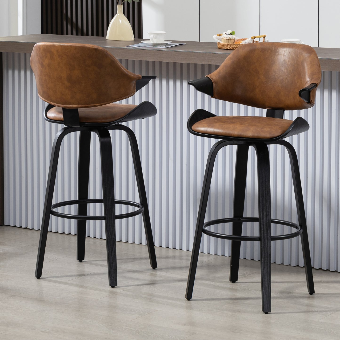 Set of 2 Bevelyn Vintage Brown Faux Leather Swivel Bar Stool with Black Wood Legs