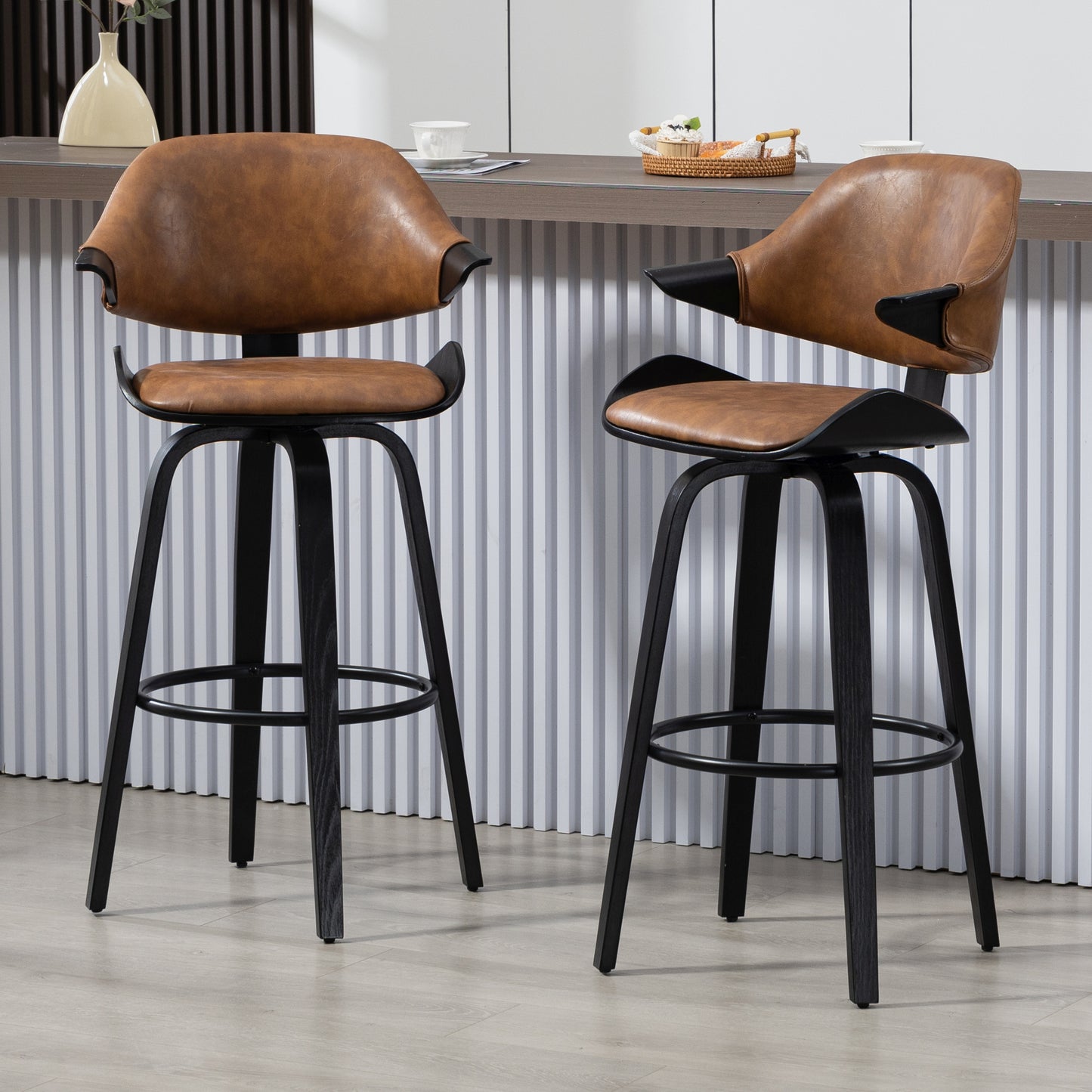 Set of 2 Bevelyn Vintage Brown Faux Leather Swivel Bar Stool with Black Wood Legs