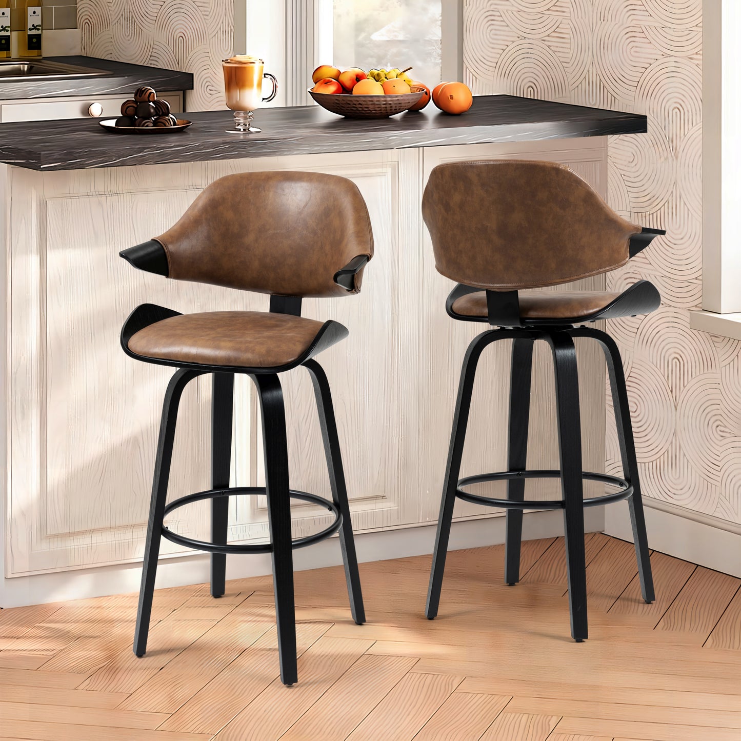 Set of 2 Bevelyn Vintage Brown Faux Leather Swivel Bar Stool with Black Wood Legs