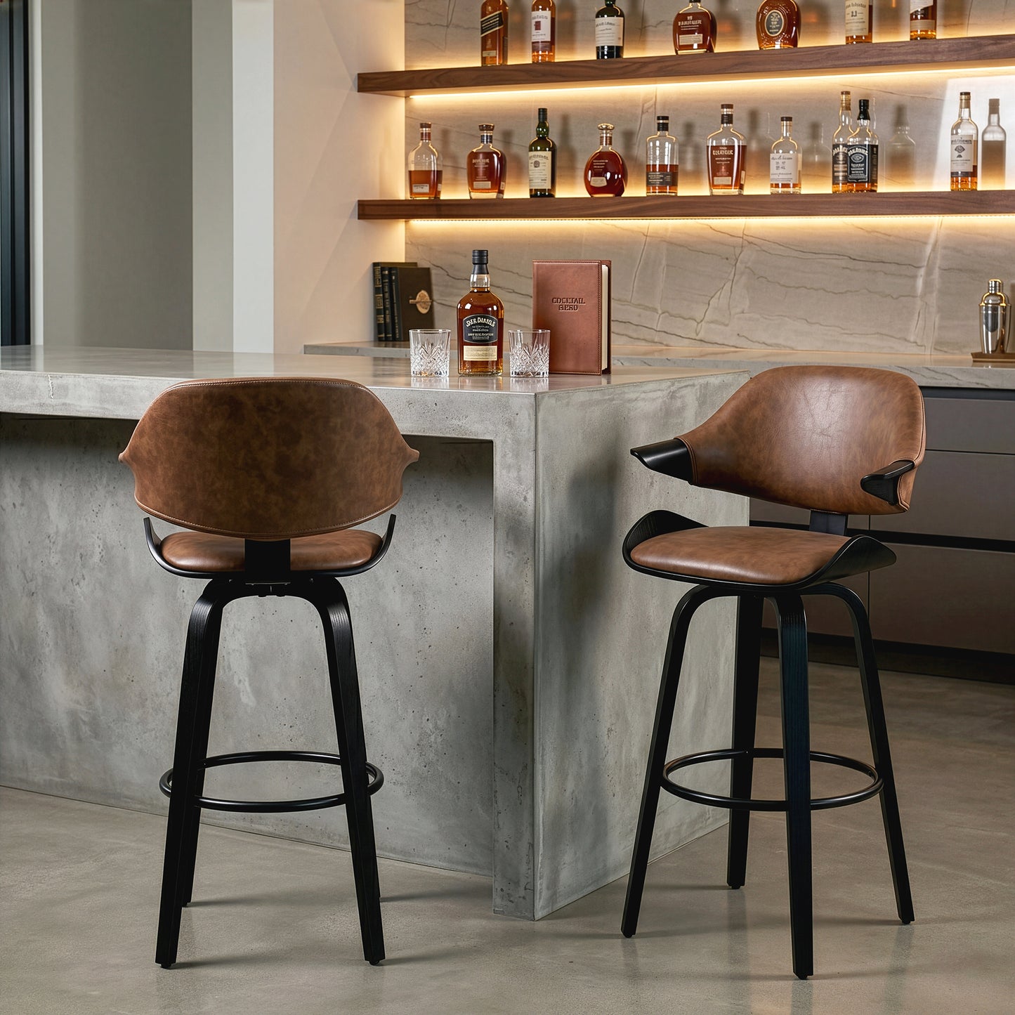 Set of 2 Bevelyn Vintage Brown Faux Leather Swivel Bar Stool with Black Wood Legs