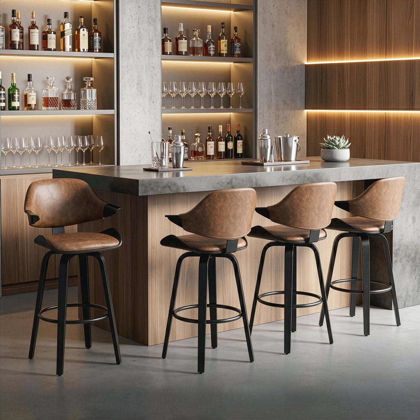 Set of 2 Bevelyn Vintage Brown Faux Leather Swivel Bar Stool with Black Wood Legs