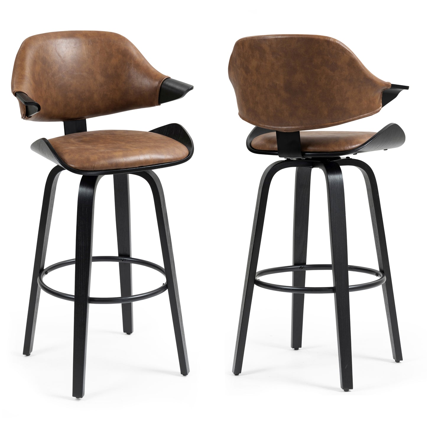 Set of 2 Bevelyn Vintage Brown Faux Leather Swivel Bar Stool with Black Wood Legs