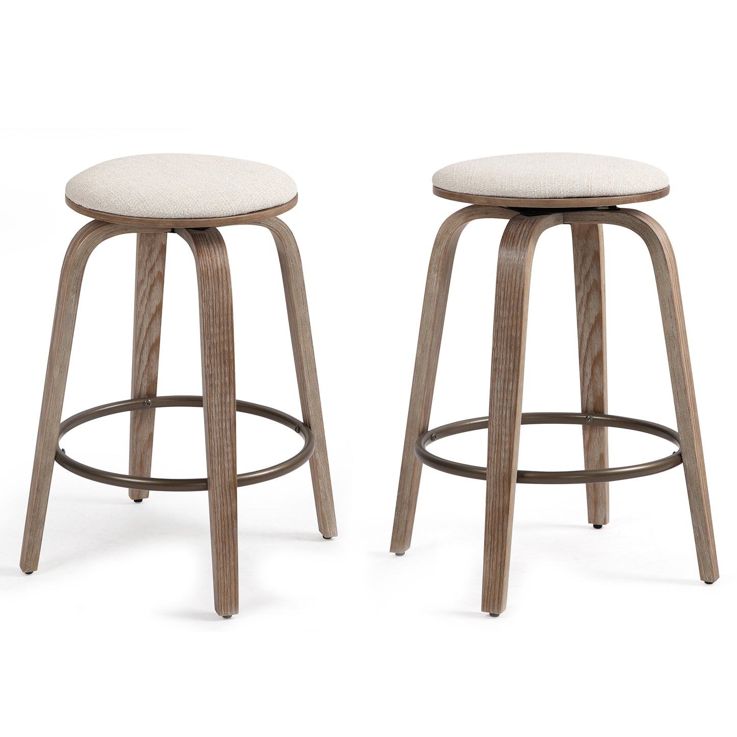 Set of 2 Beatus Beige Woven Fabric Counter Stool with Natural Wood Legs Set