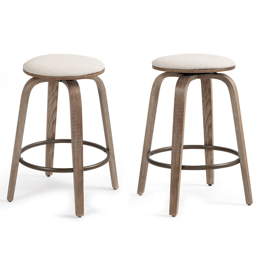 Set of 2 Beatus Beige Woven Fabric Counter Stool with Natural Wood Legs Set