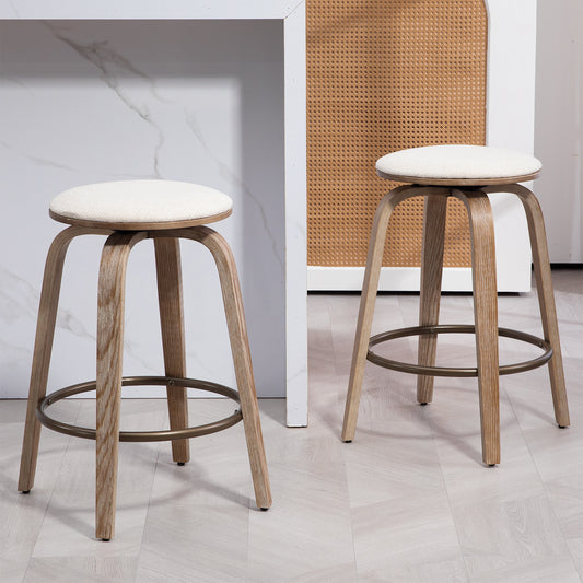 Set of 2 Beatus Beige Woven Fabric Counter Stool with Natural Wood Legs Set