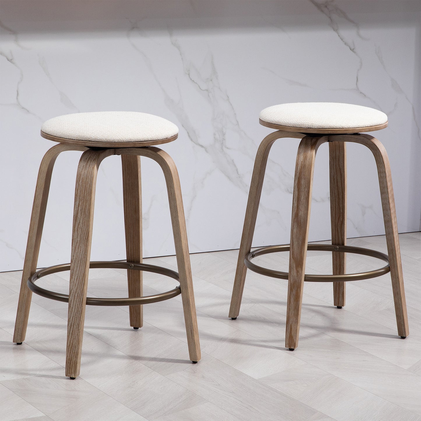 Set of 2 Beatus Beige Woven Fabric Counter Stool with Natural Wood Legs Set