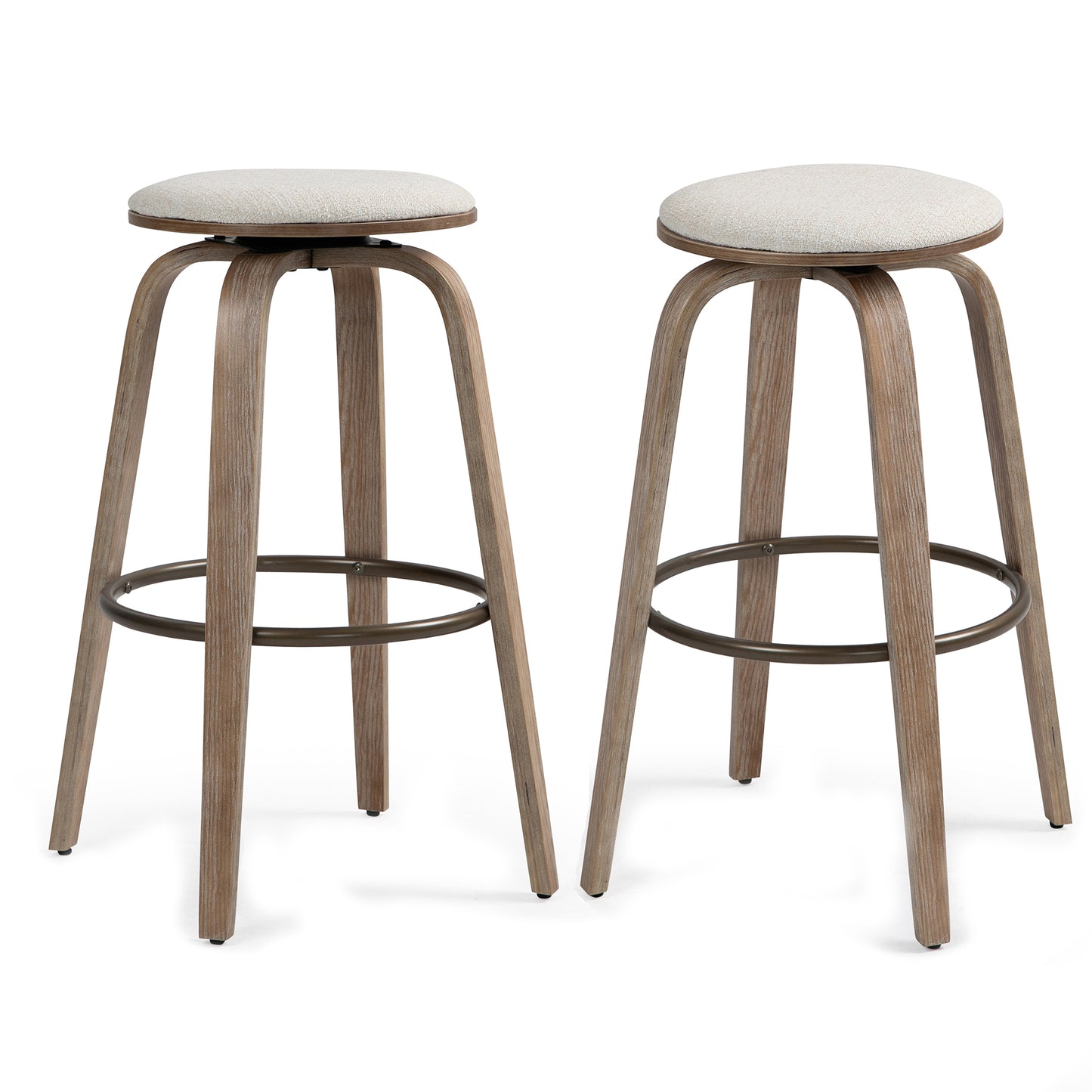 Set of 2 Beatus Beige Woven Fabric Bar Stool with Natural Wood Legs Set