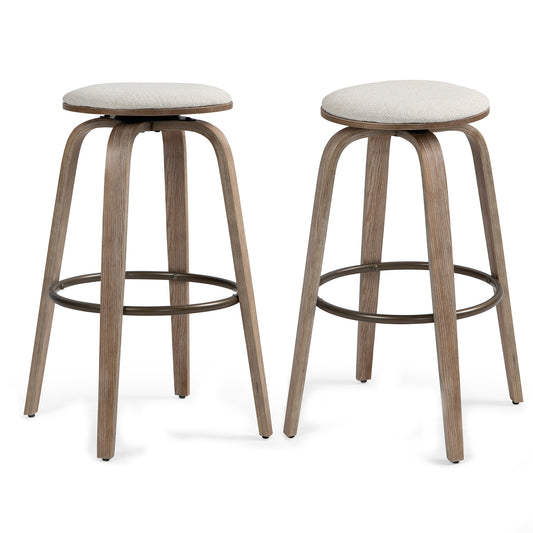Set of 2 Beatus Beige Woven Fabric Bar Stool with Natural Wood Legs Set