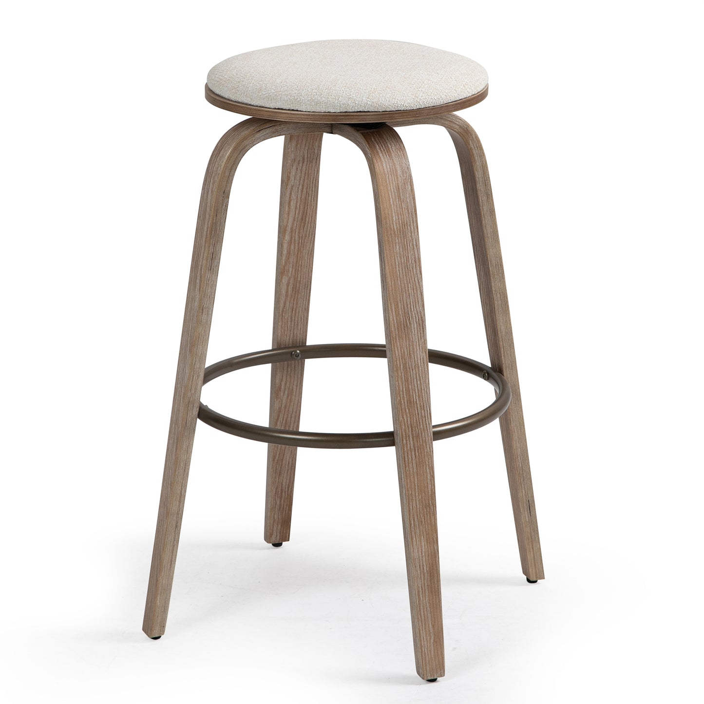 Set of 2 Beatus Beige Woven Fabric Bar Stool with Natural Wood Legs Set