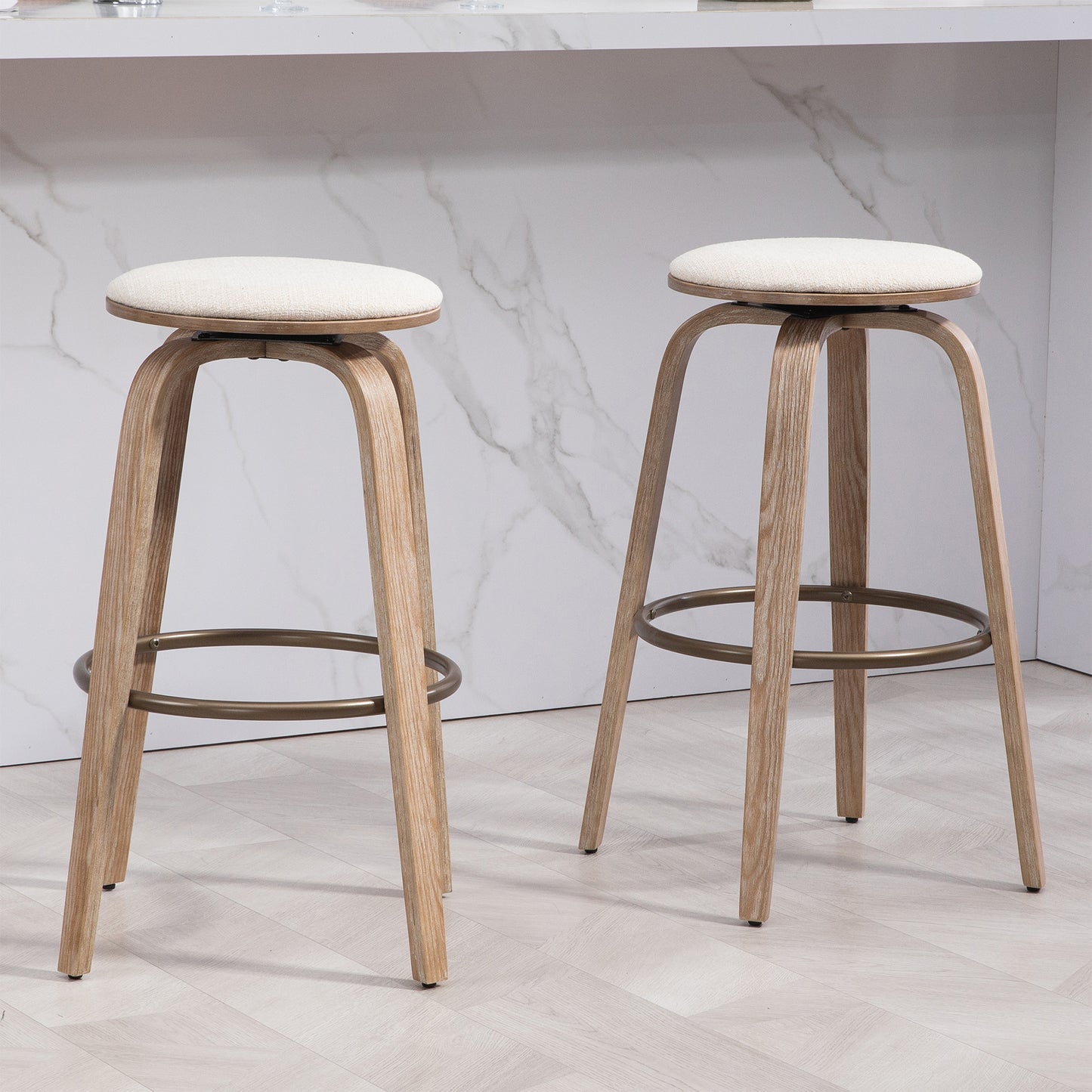 Set of 2 Beatus Beige Woven Fabric Bar Stool with Natural Wood Legs Set