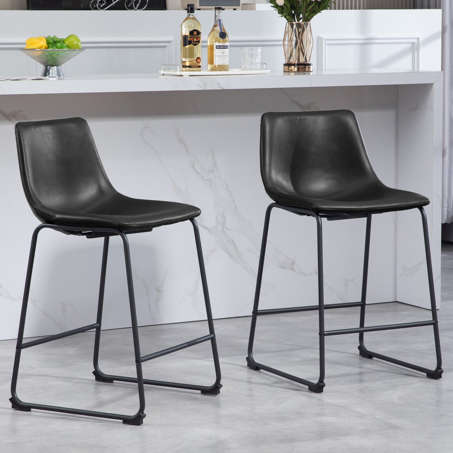 Set of 2 Adan Iron Frame Black Faux Leather Counter Stool