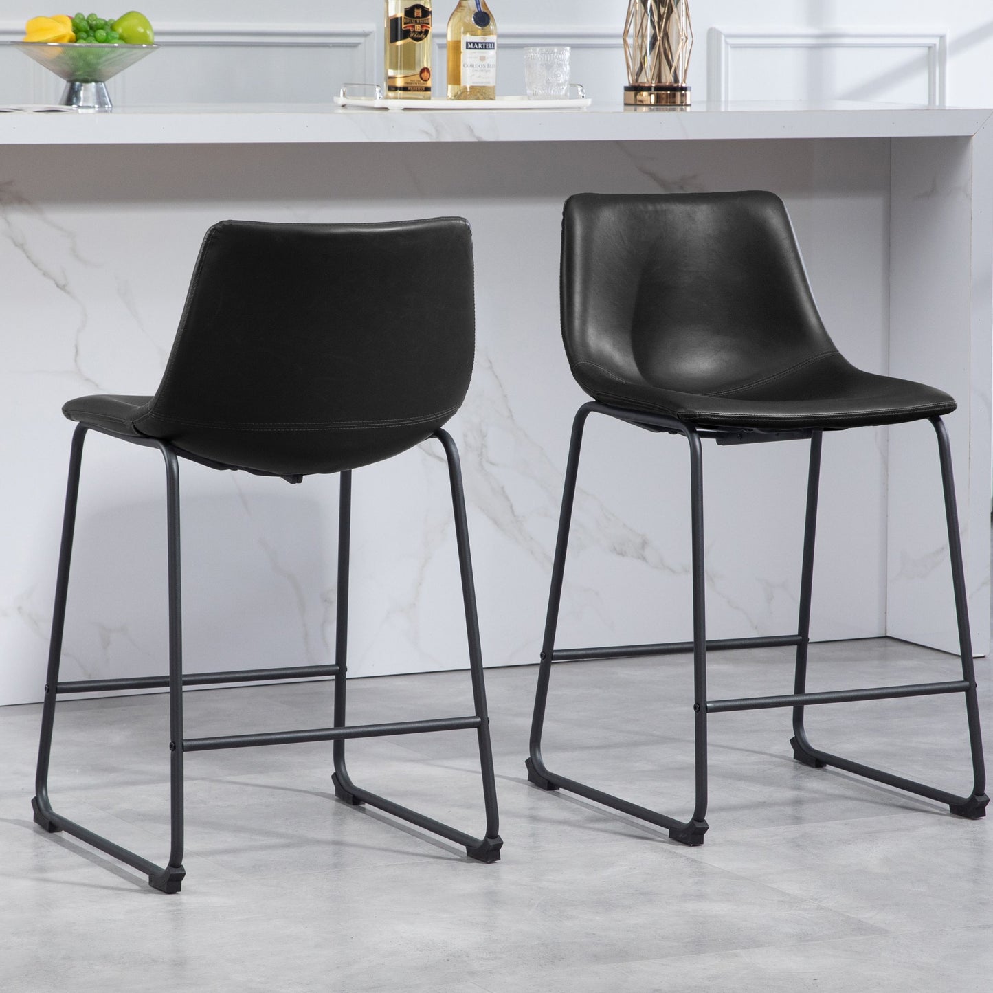 Set of 2 Adan Iron Frame Black Faux Leather Counter Stool