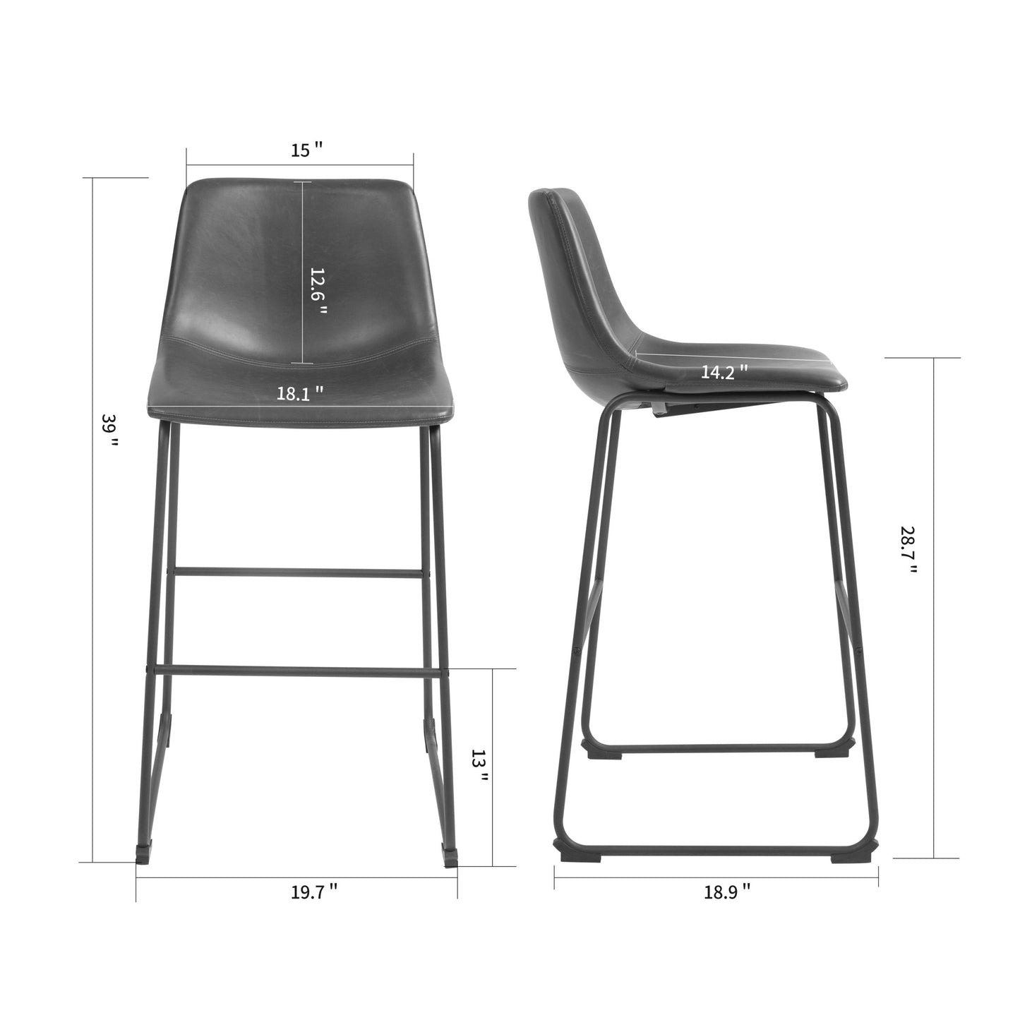 Set of 2 Adan Iron Frame Black Faux Leather Bar Stool