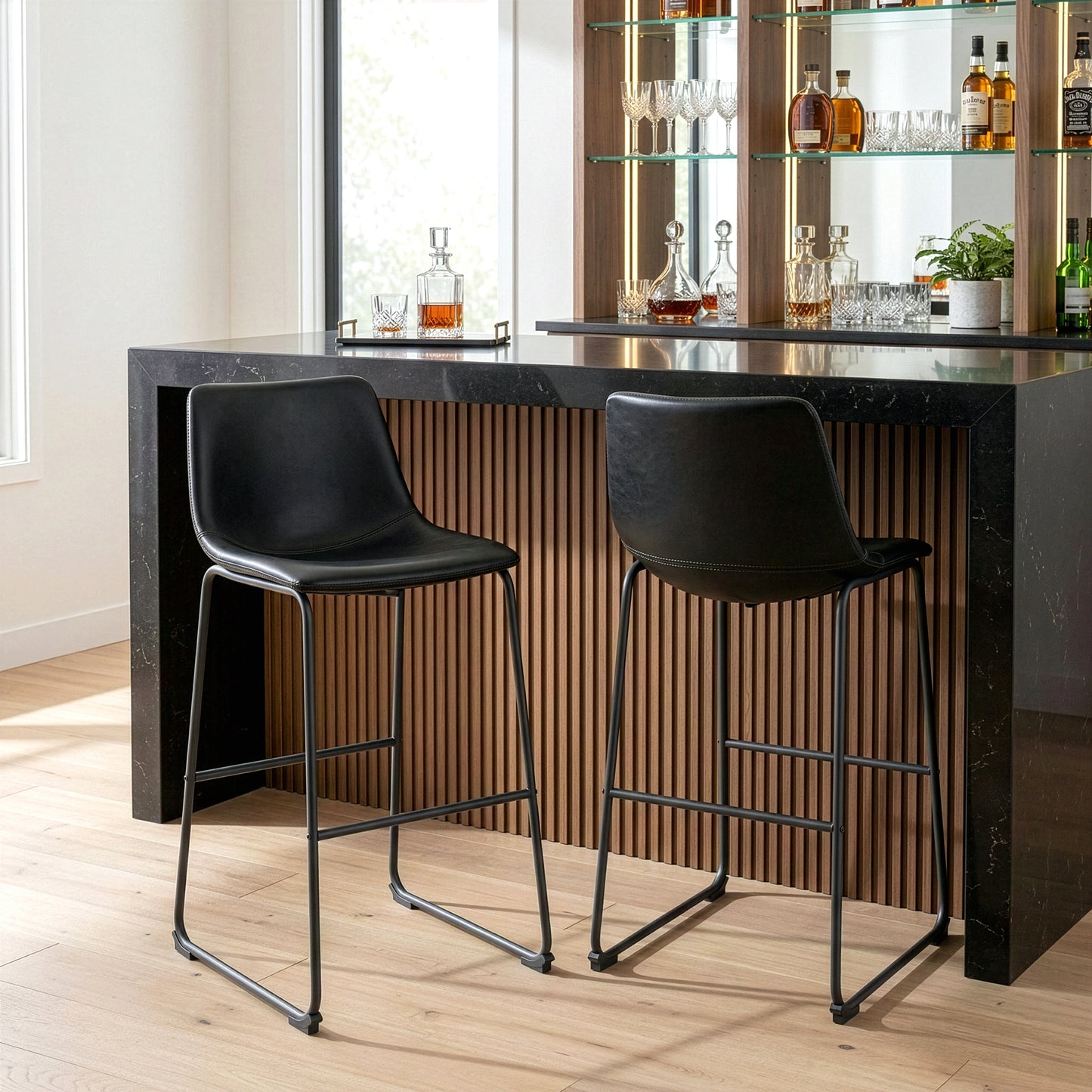 Set of 2 Adan Iron Frame Black Faux Leather Bar Stool