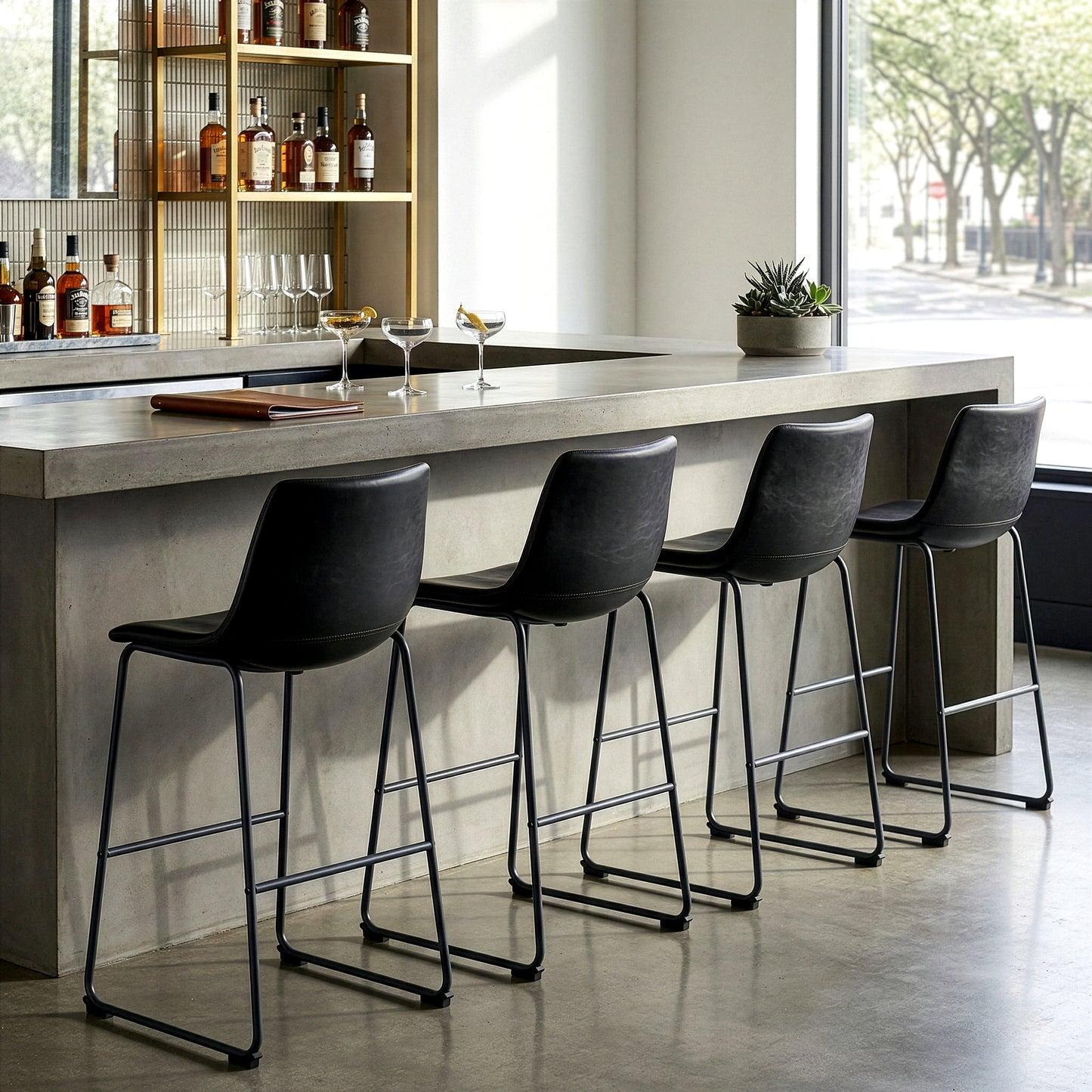 Set of 2 Adan Iron Frame Black Faux Leather Bar Stool