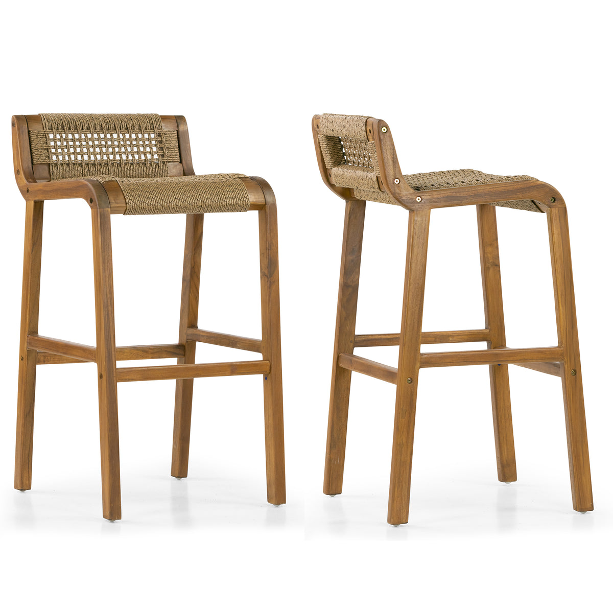 Set of 2 Blume Brown Teakwood Indoor/Outdoor Barstool with Low Back Hand-Woven Synthetic Rattan Seat