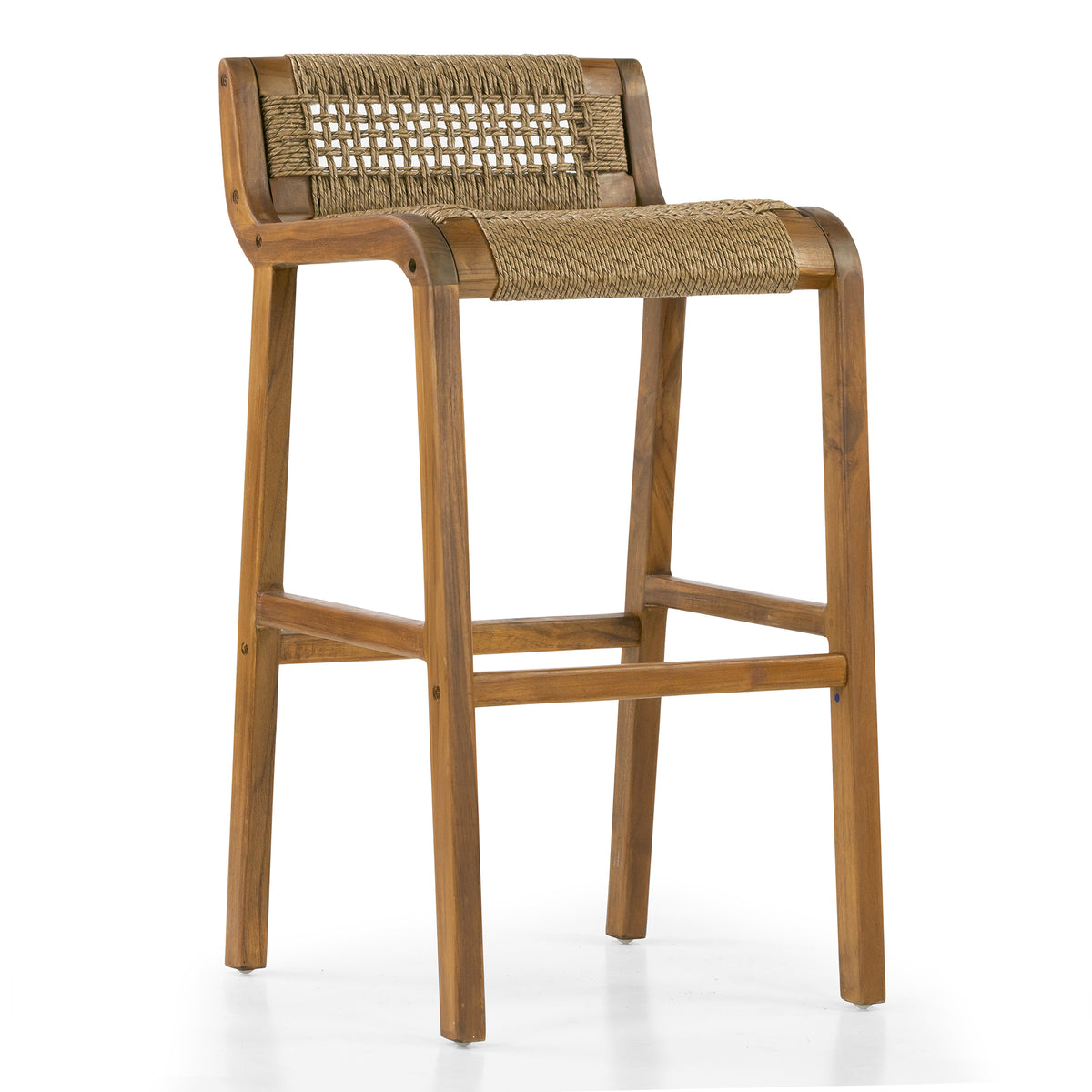 Set of 2 Blume Brown Teakwood Indoor/Outdoor Barstool with Low Back Hand-Woven Synthetic Rattan Seat