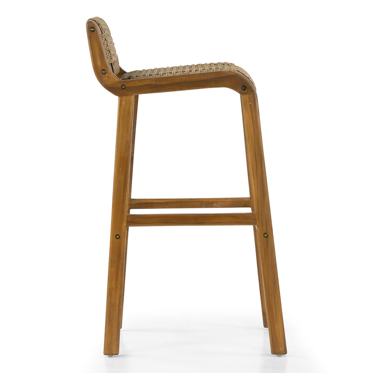 Set of 2 Blume Brown Teakwood Indoor/Outdoor Barstool with Low Back Hand-Woven Synthetic Rattan Seat