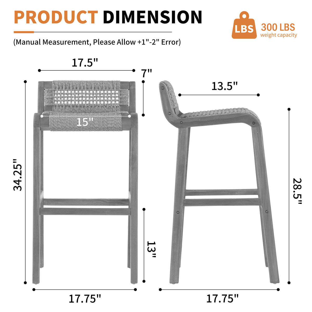 Set of 2 Blume Brown Teakwood Indoor/Outdoor Barstool with Low Back Hand-Woven Synthetic Rattan Seat