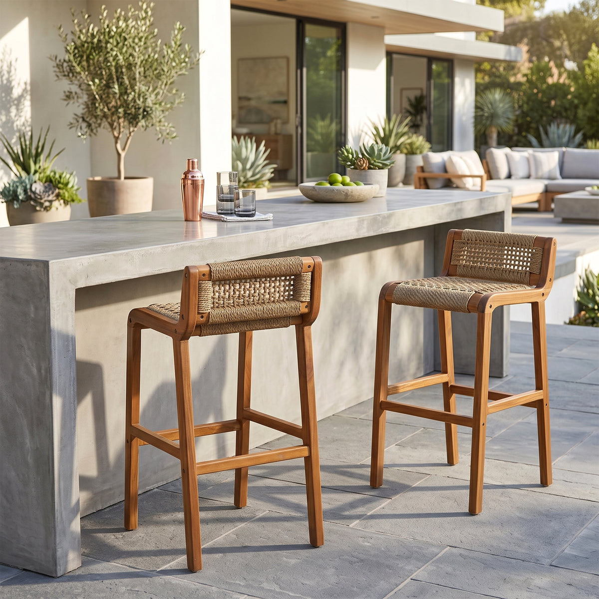 Set of 2 Blume Brown Teakwood Indoor/Outdoor Barstool with Low Back Hand-Woven Synthetic Rattan Seat