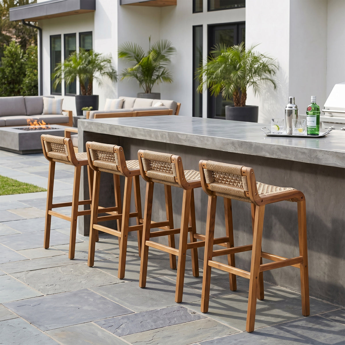 Set of 2 Blume Brown Teakwood Indoor/Outdoor Barstool with Low Back Hand-Woven Synthetic Rattan Seat