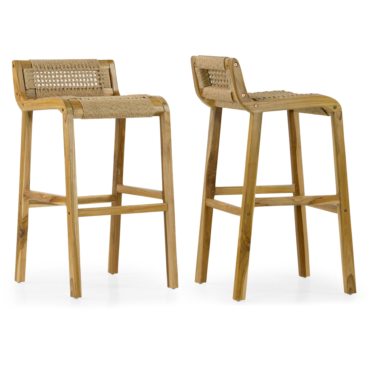 Set of 2 Blume Light Teakwood Indoor/Outdoor Barstool with Low Back Hand-Woven Synthetic Rattan Seat