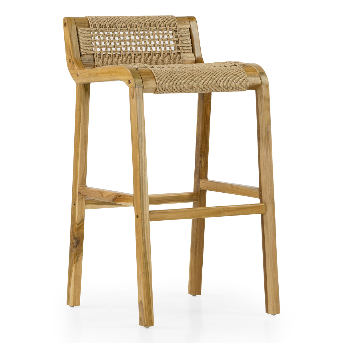 Set of 2 Blume Light Teakwood Indoor/Outdoor Barstool with Low Back Hand-Woven Synthetic Rattan Seat