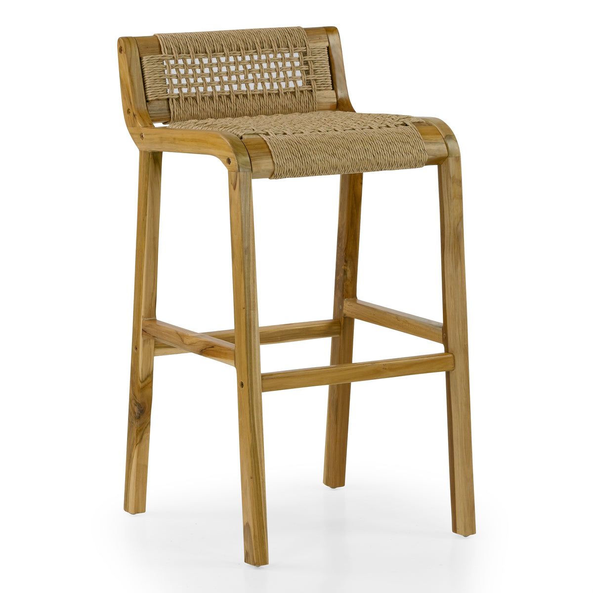 Set of 2 Blume Light Teakwood Indoor/Outdoor Barstool with Low Back Hand-Woven Synthetic Rattan Seat