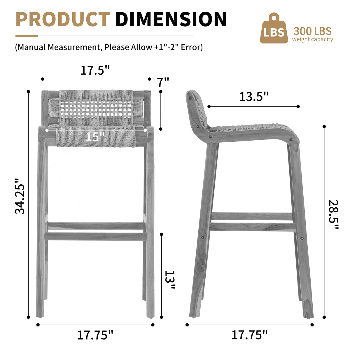 Set of 2 Blume Light Teakwood Indoor/Outdoor Barstool with Low Back Hand-Woven Synthetic Rattan Seat