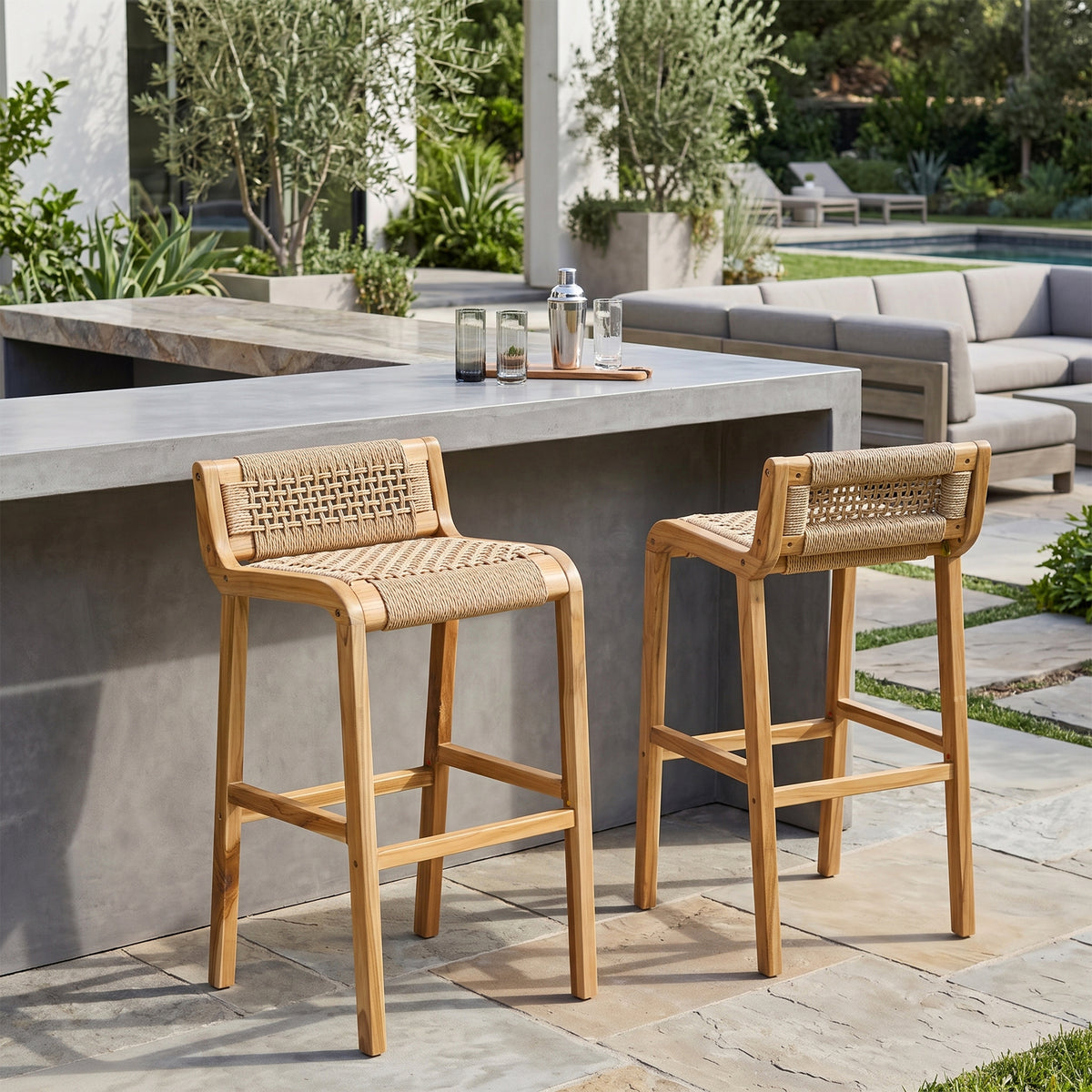 Set of 2 Blume Light Teakwood Indoor/Outdoor Barstool with Low Back Hand-Woven Synthetic Rattan Seat