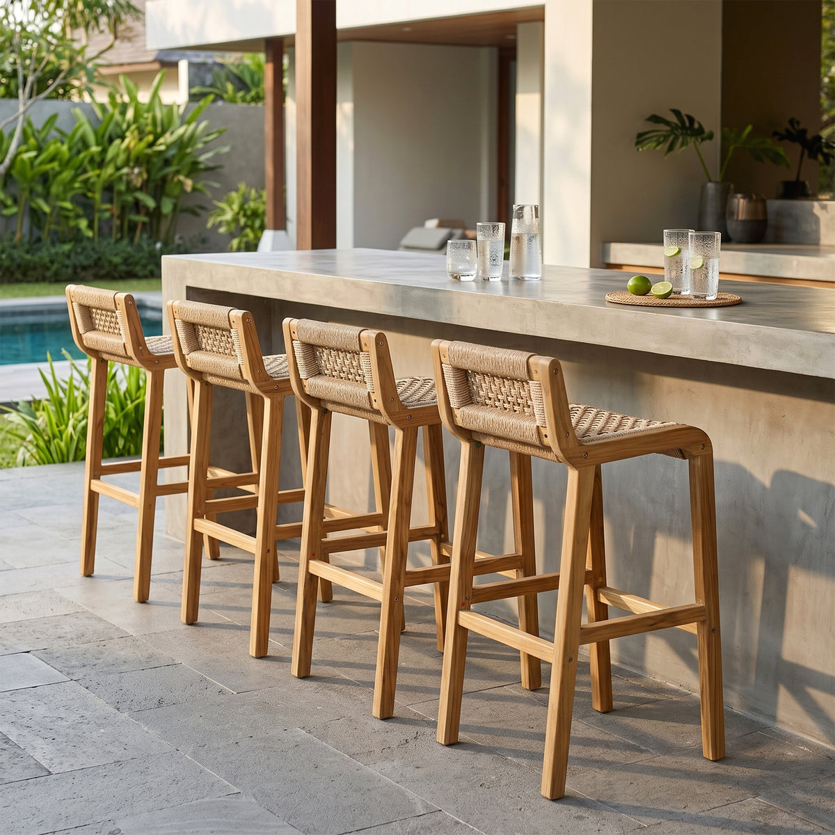 Set of 2 Blume Light Teakwood Indoor/Outdoor Barstool with Low Back Hand-Woven Synthetic Rattan Seat
