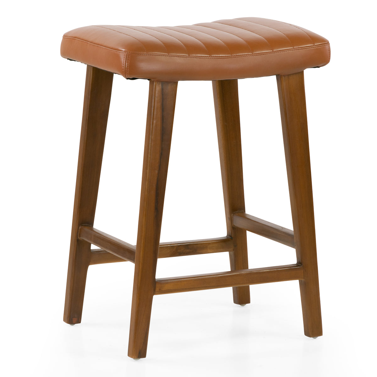 Bonita Brown Backless Leather Seat Counter Stool with Teakwood Frame