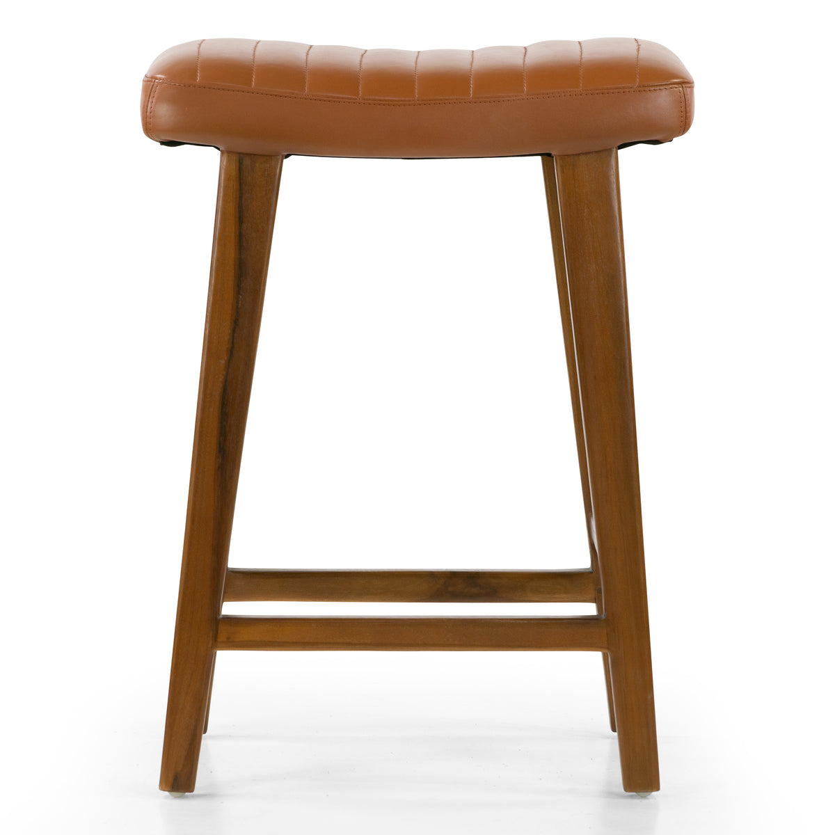 Bonita Brown Backless Leather Seat Counter Stool with Teakwood Frame