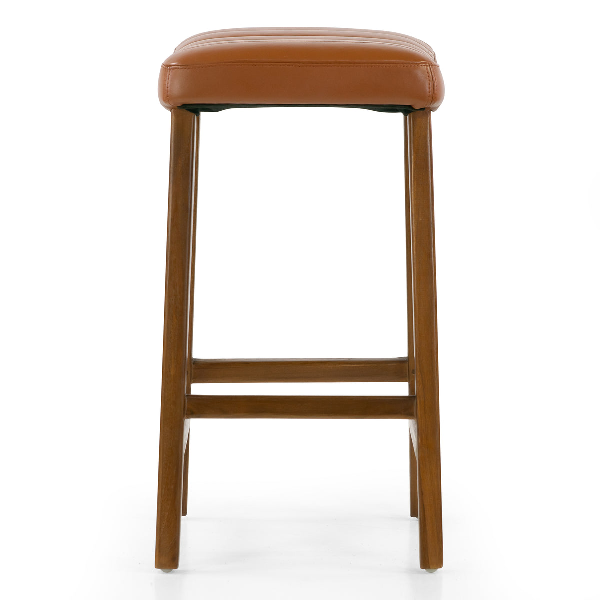 Bonita Brown Backless Leather Seat Counter Stool with Teakwood Frame
