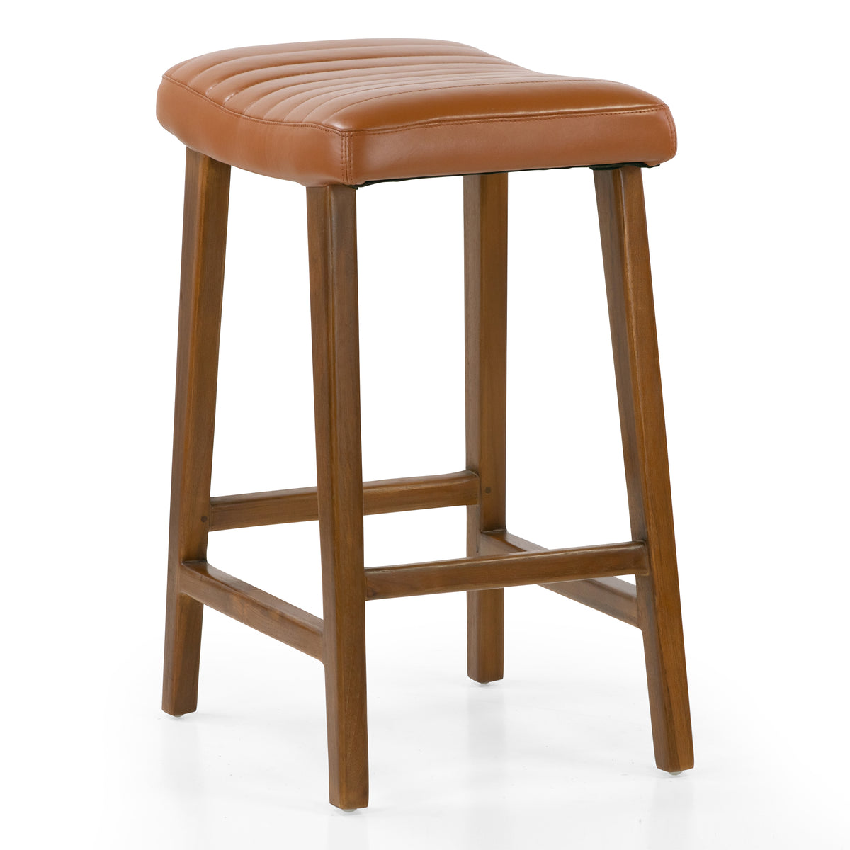 Bonita Brown Backless Leather Seat Counter Stool with Teakwood Frame