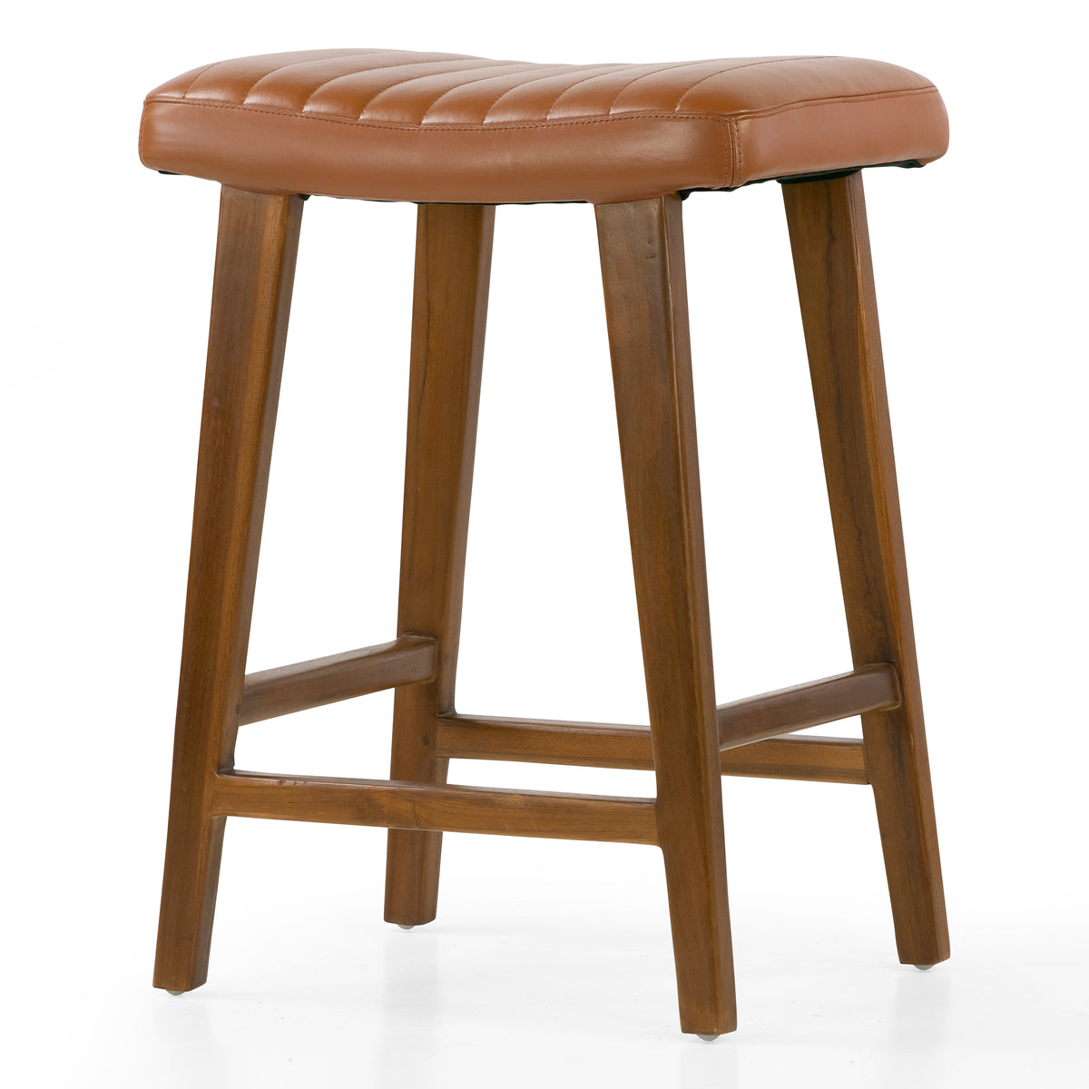 Bonita Brown Backless Leather Seat Counter Stool with Teakwood Frame