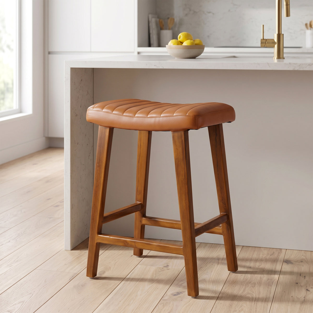 Bonita Brown Backless Leather Seat Counter Stool with Teakwood Frame